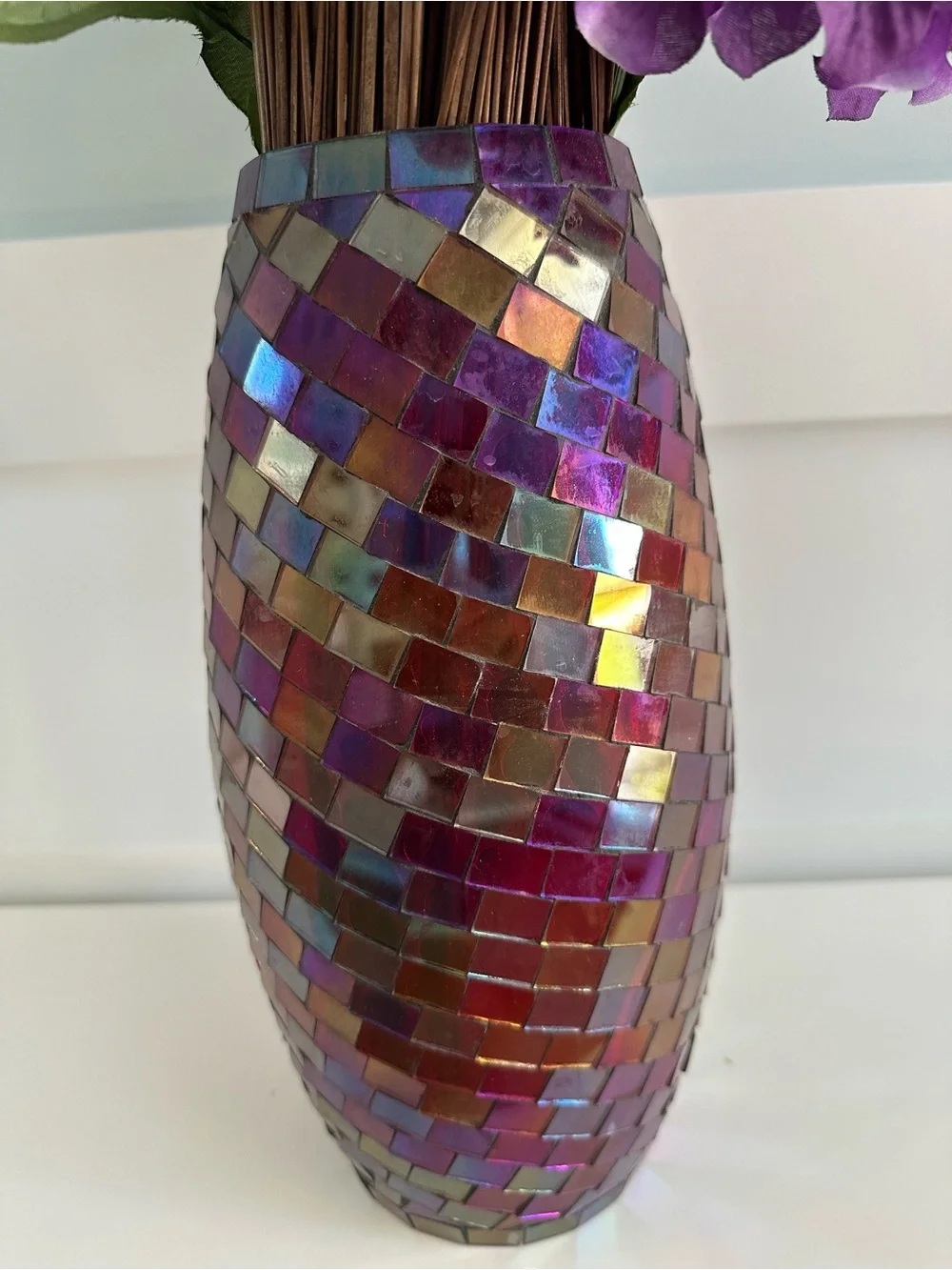 12” Iridescent Mosaic Glass Vase w/ Purple Hydrangea Flowers